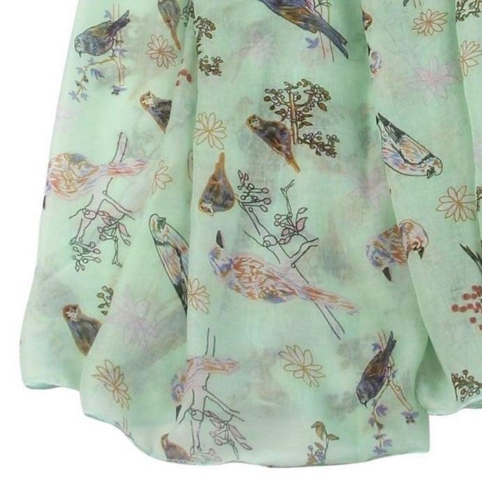 Eșarfă-șal, 90 cm x 180 cm, Verde Mentă cu Model Vrabie și Floral - Bijuterii TV