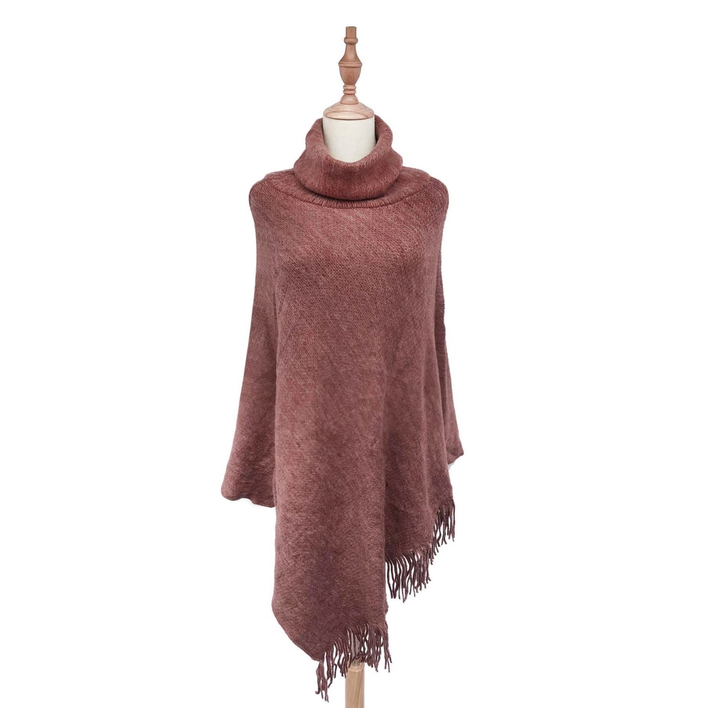 Poncho Tricotat cu Guler Înalt, 50 cm x 70 cm x 335 cm, Maro Ruginiu