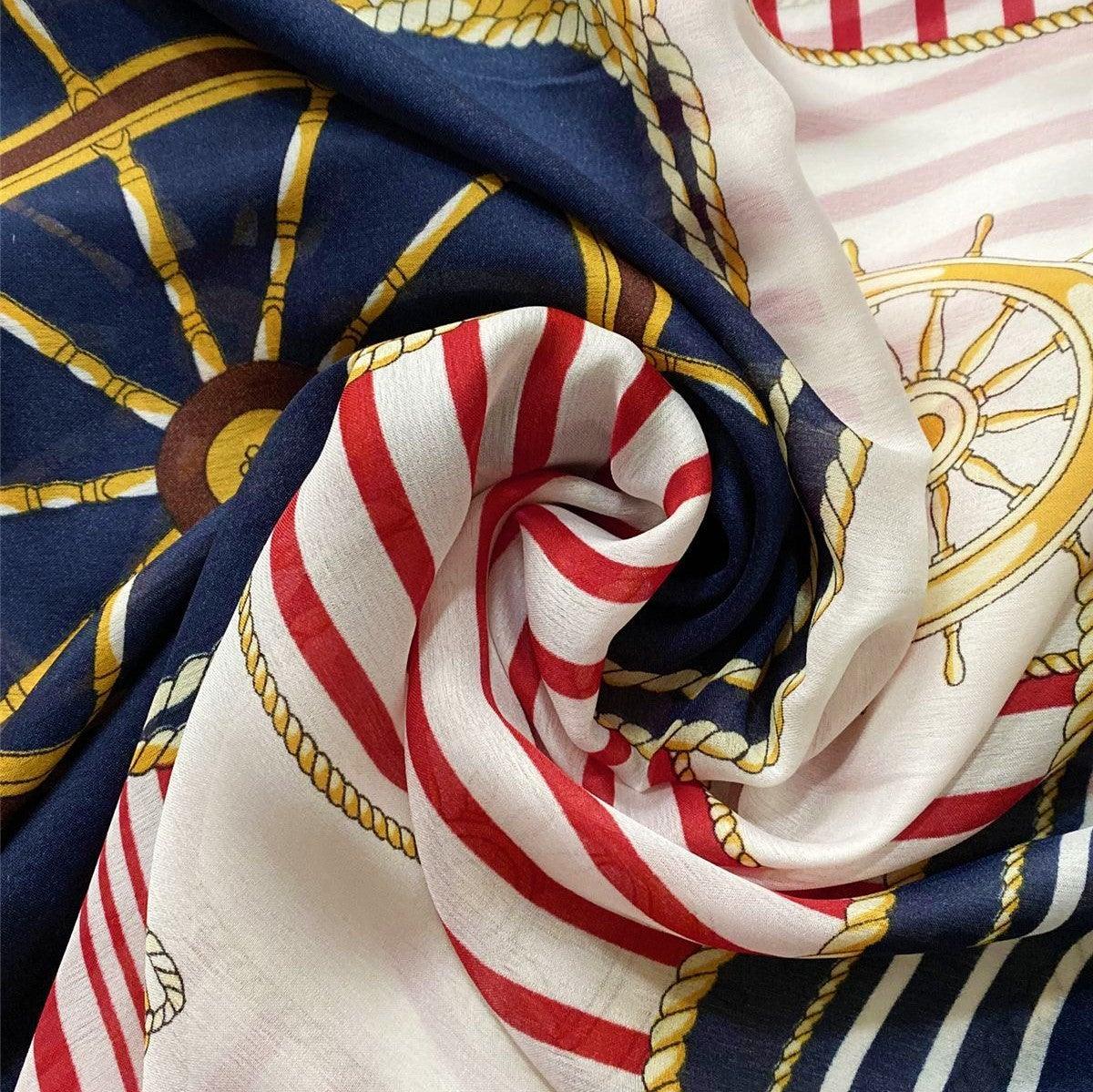 Eșarfă-Șal de mătase, 90 cm x 180cm, Model cu Ancoră și Cârmă - Bijuterii TV