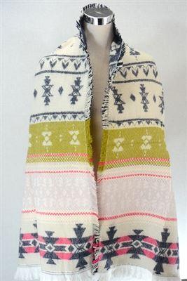 Eșarfă-Șal din Lână, 190 cm x 53 cm, Crem și Albastru Închis cu Model Aztec - Bijuterii TV