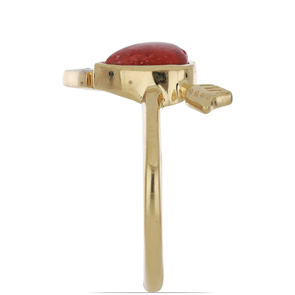 Inel din Argint 925 Placat cu Aur ( 2.72 grame ) cu Coral Roșu Burete și Topaz Alb 1.44 Carate