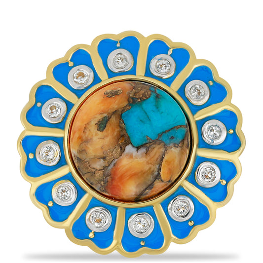 Inel din Argint 925 Placat cu Aur ( 6.78 grame ) cu Turcoaz Oyster și Topaz Alb 7.59 Carate