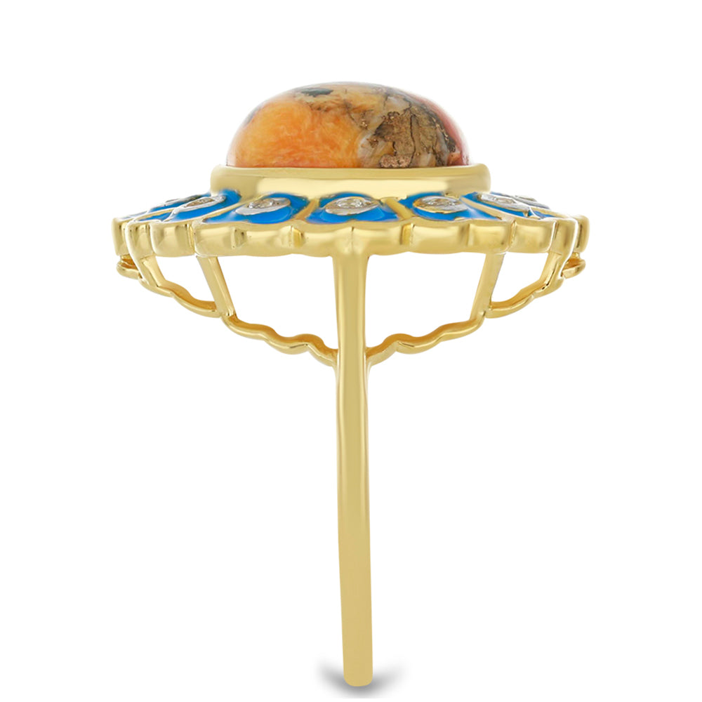 Inel din Argint 925 Placat cu Aur ( 6.78 grame ) cu Turcoaz Oyster și Topaz Alb 7.59 Carate
