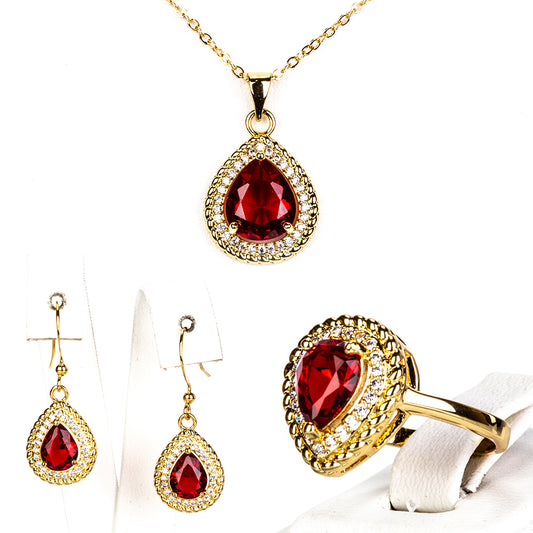Set din Aliaj Placat cu Aur cu Cristal Roșu Emporia® ( Colier+Cercei+Inel )