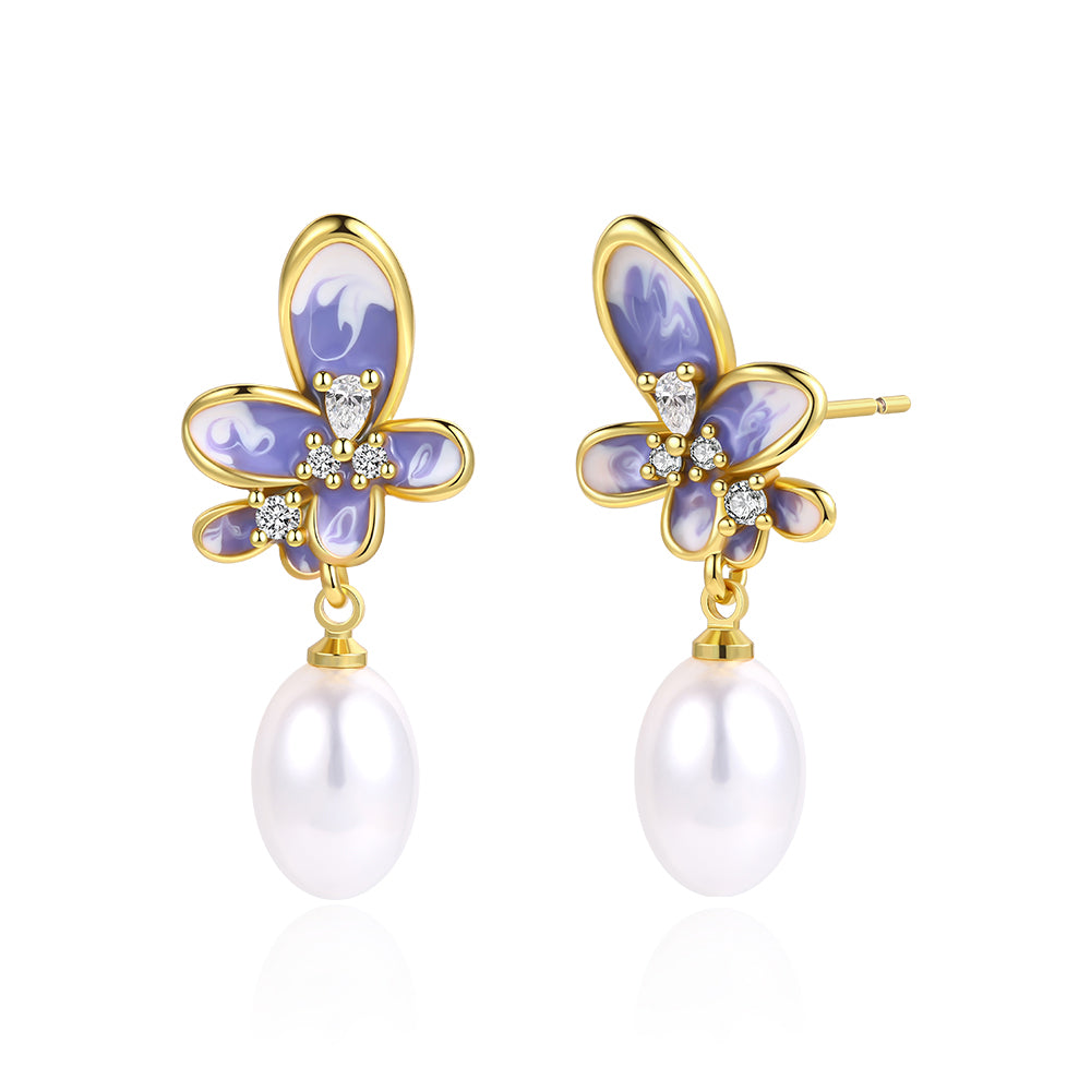 Cercei din Aliaj Placat cu Aur ( 10 grame ) cu Cristal Albastru Emporia® și Perlă de cristal 1 