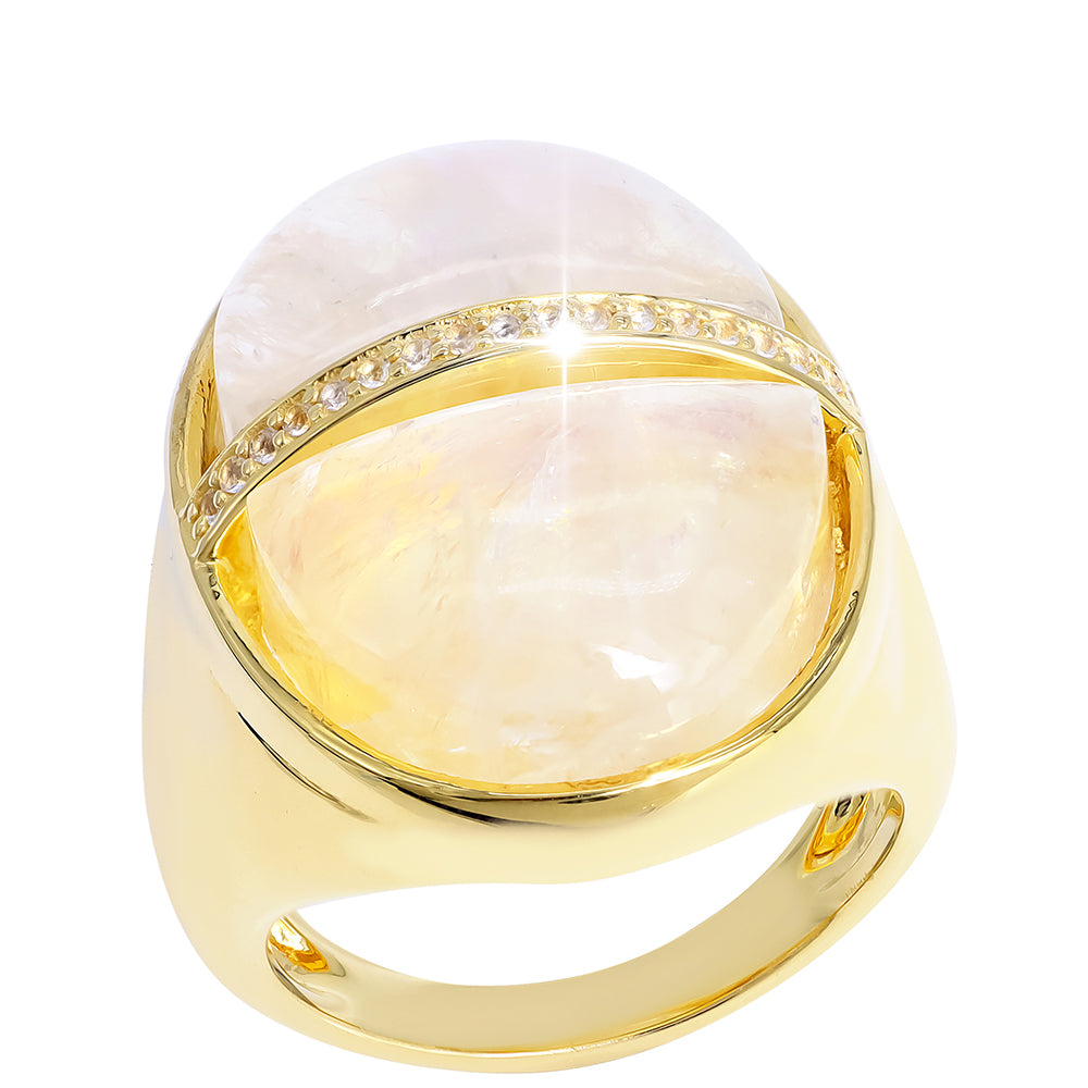 Inel din Argint 925 Placat cu Aur ( 9.5 grame ) cu Piatra Lunii Curcubeu și Topaz Alb 18.55 Carate 2 