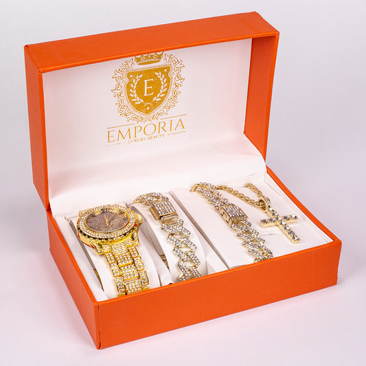 Set de bijuterii Emporia premium, format din 4 piese în nuanță aurie, prezentat într-o cutie cadou exclusivă cu efect de piele (include ceas, brățară, colier gros și colier cu pandantiv cruce, cu cristal alb Emporia).