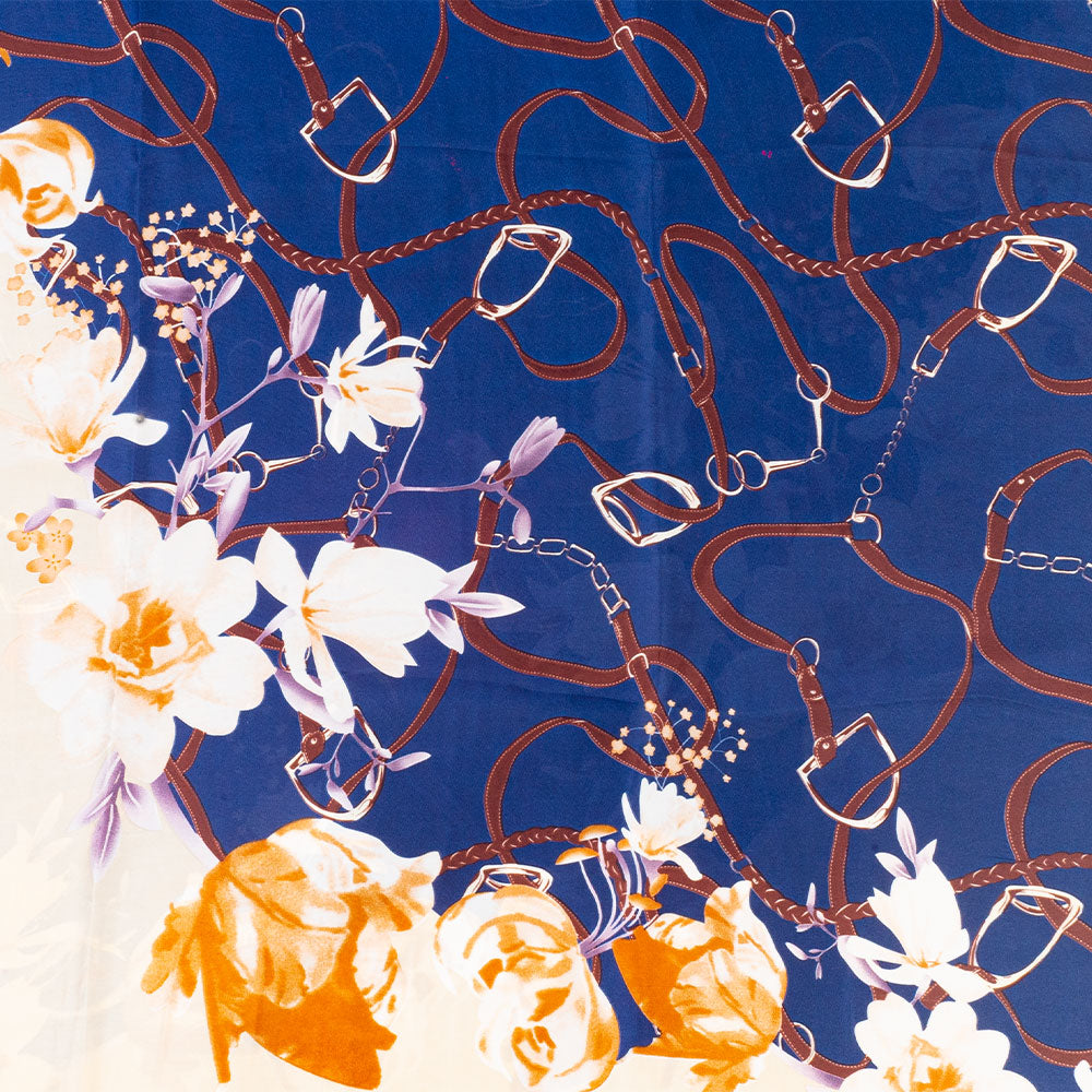 Eșarfă „Îmbrățișare florală”, 85 x 180 cm, albastră, 100% mătase vegană