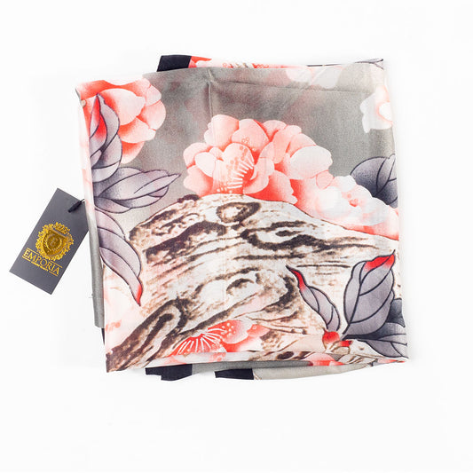 Eșarfă „Vălul Florilor”, 85 x 180 cm, gri, 100% mătase vegană