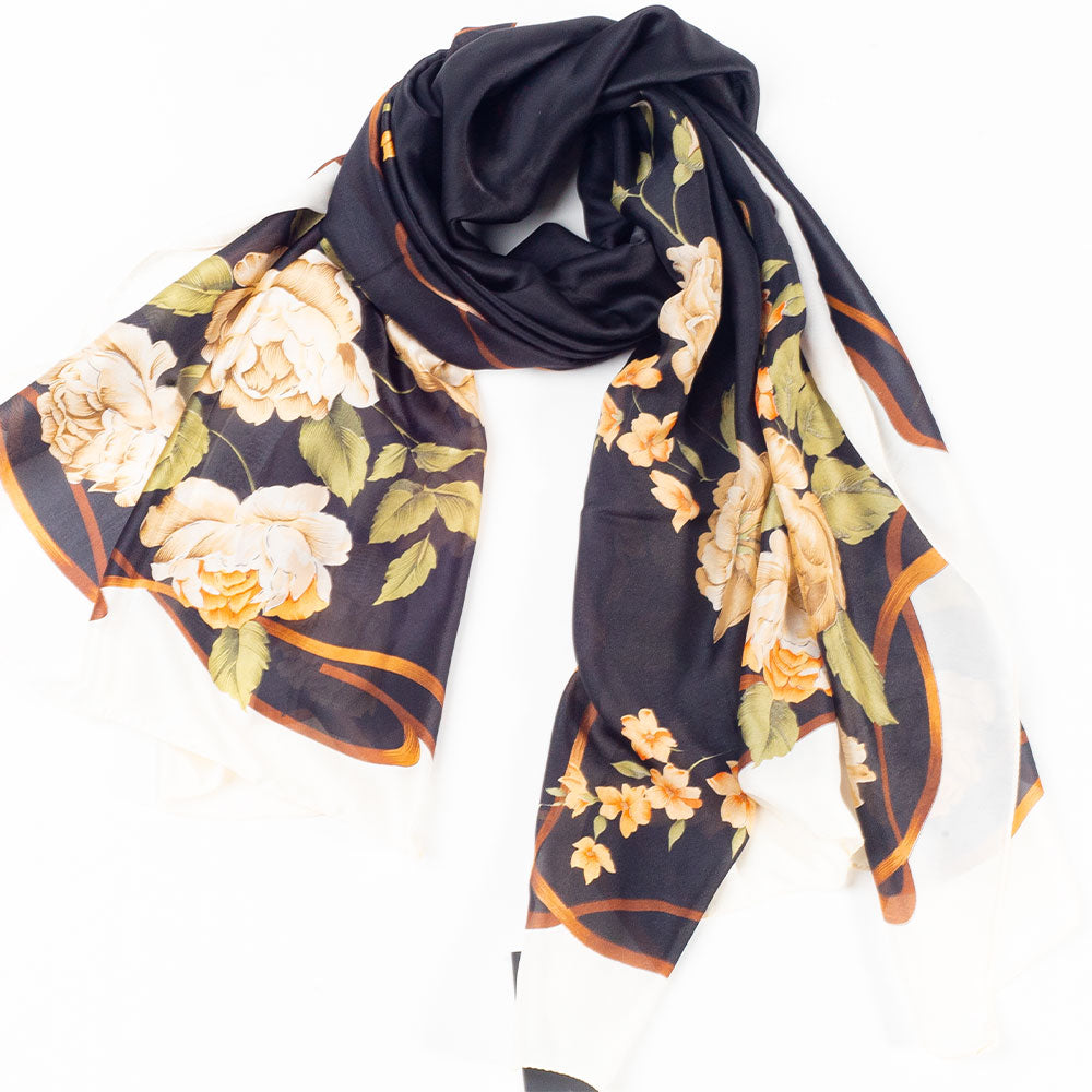 Eșarfă „Pânză & Flori”, 85 x 180 cm, negru, 100% mătase vegană 4 