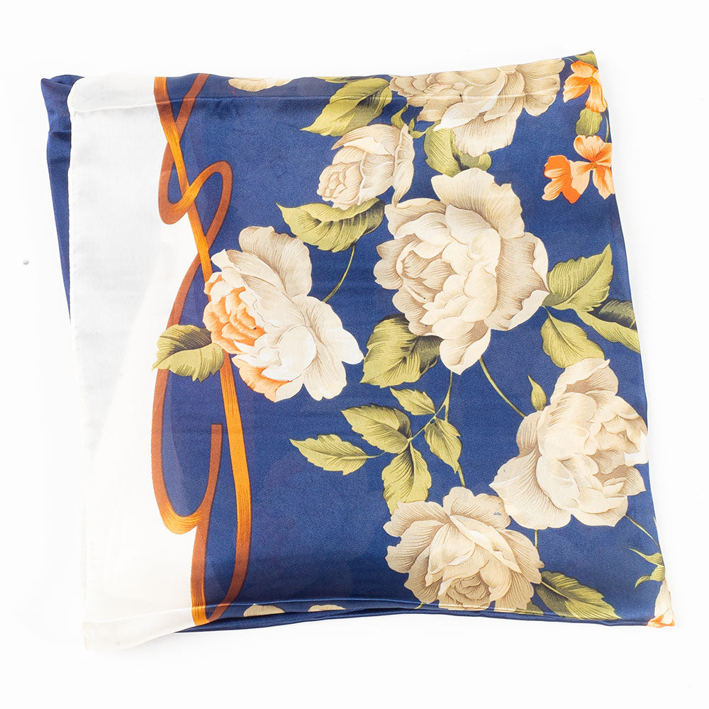 Eșarfă „Pânză & Flori”, 85 x 180 cm, albastră, 100% mătase vegană