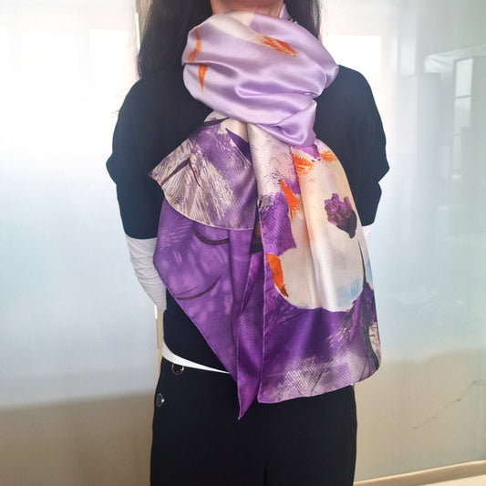 Eșarfă cu model ”Lotus nocturn”, Violet, 85 cm x 180 cm, 100% Mătase Vegană