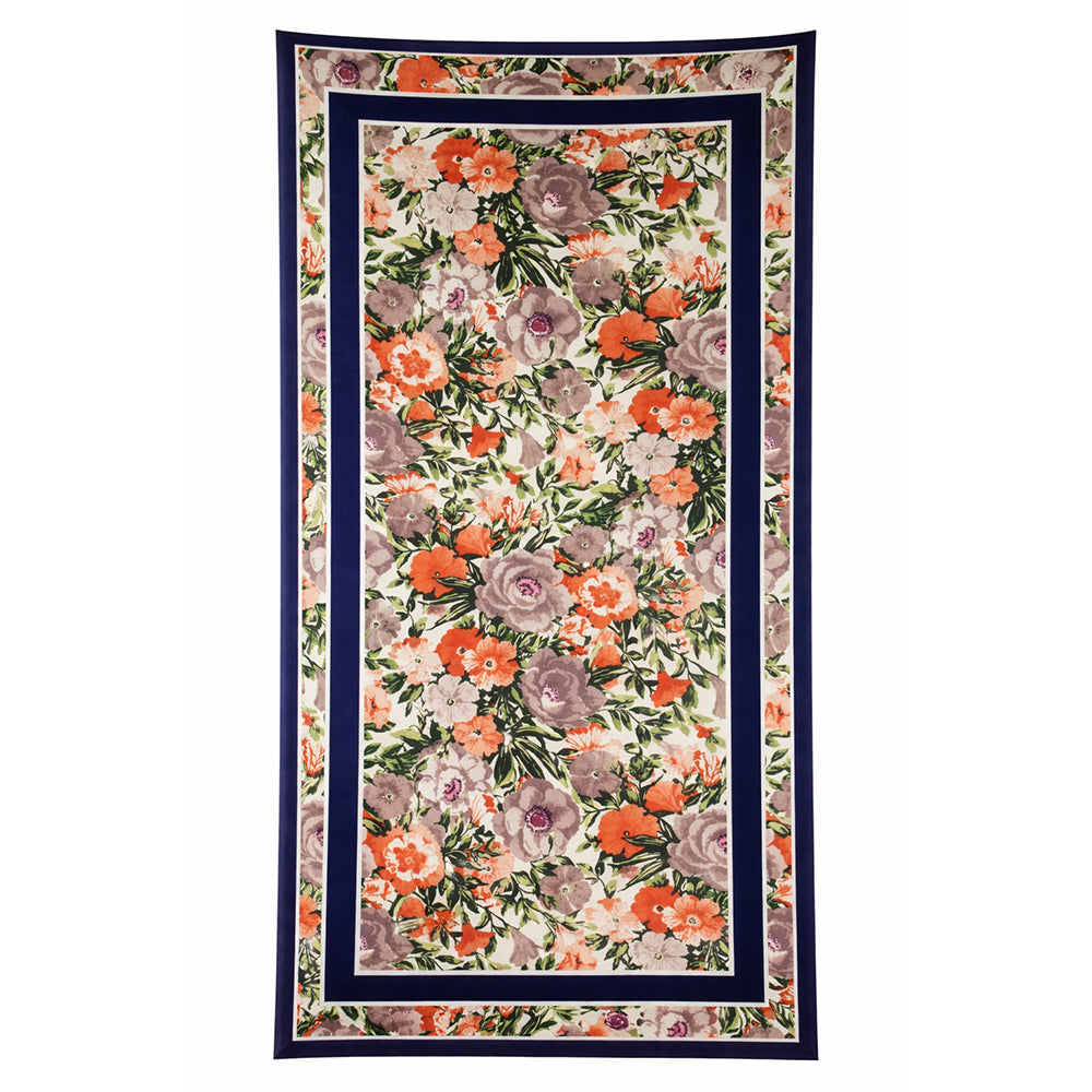 Eșarfă cu model ”Floral și inscripții”, Albastră, 85 cm x 180 cm, 100% Mătase Vegană 1 