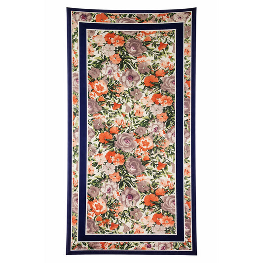 Eșarfă cu model ”Floral și inscripții”, Albastră, 85 cm x 180 cm, 100% Mătase Vegană
