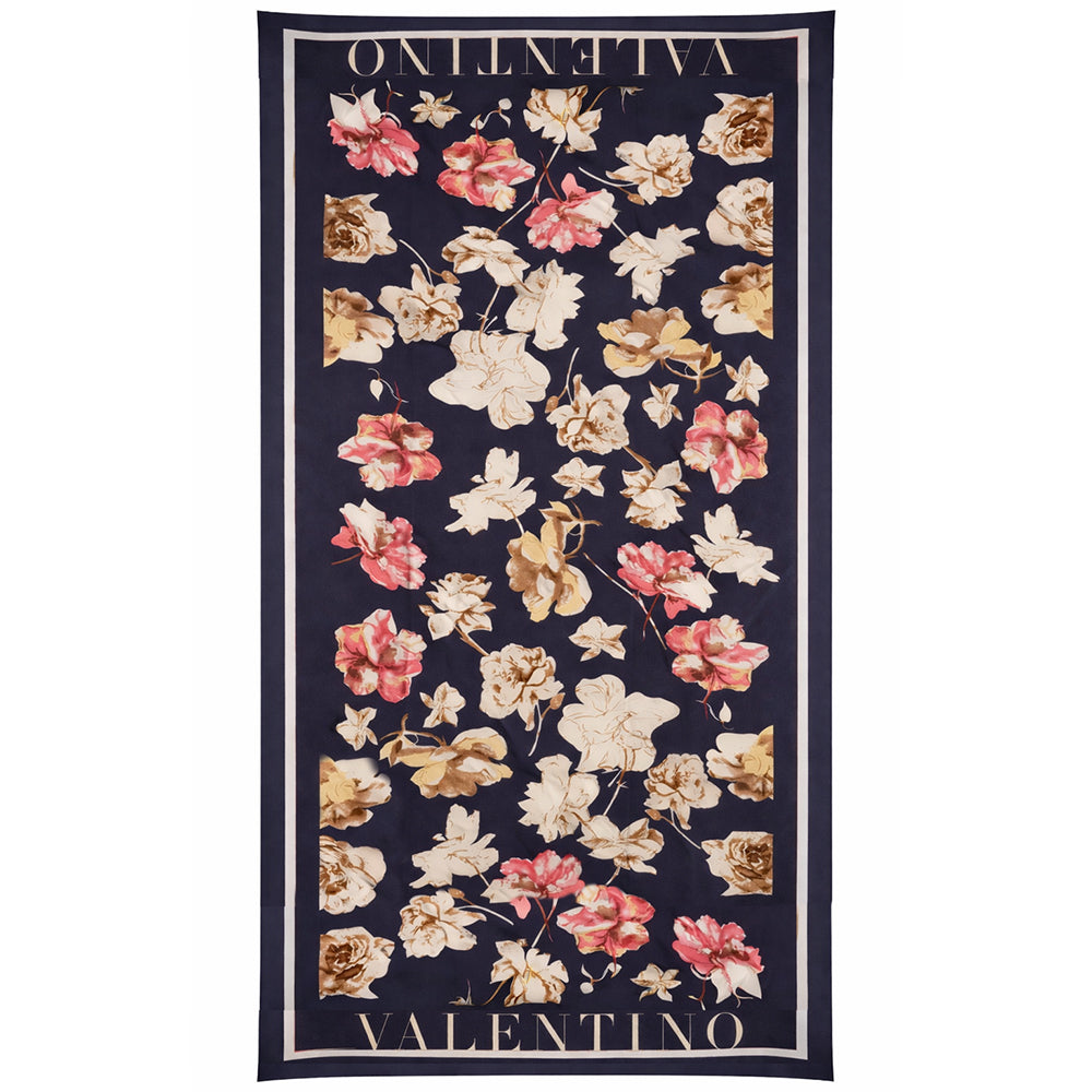 Bloom & Letters Scarf, Blue, 85 cm x 180 cm, 100% Vegan Silk