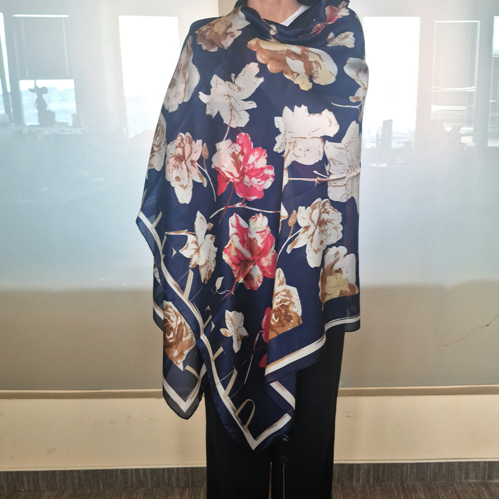 Bloom & Letters Scarf, Blue, 85 cm x 180 cm, 100% Vegan Silk