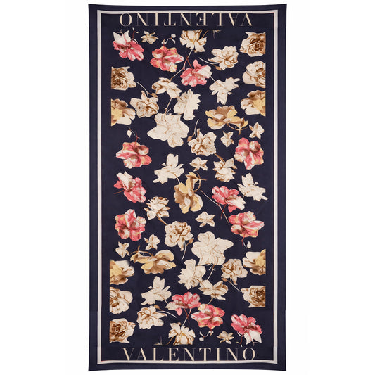 Bloom & Letters Scarf, Blue, 85 cm x 180 cm, 100% Vegan Silk