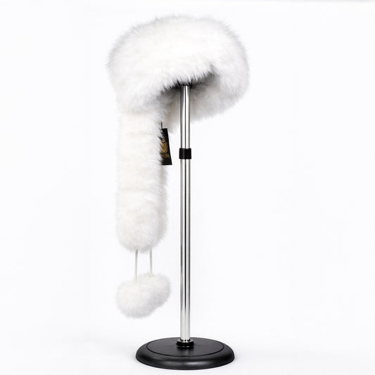 Căciulă de iarnă din blană artificială albă, cu eșarfă – mărime universală