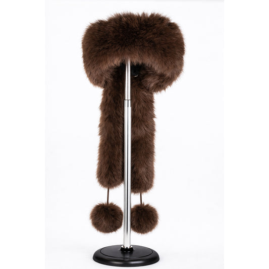 Căciulă de iarnă din blană artificială maro, cu eșarfă – mărime universală