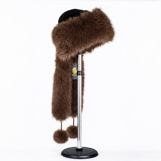 Căciulă de iarnă din blană artificială maro, cu eșarfă – mărime universală