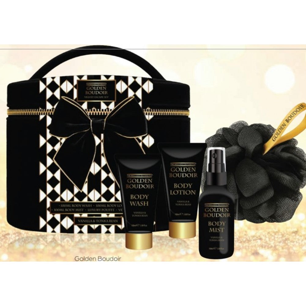 Golden Boudoir Velvet Escape - Set cadou de îngrijire corporală de lux, cu parfum de vanilie și boabe de tonka. 1 