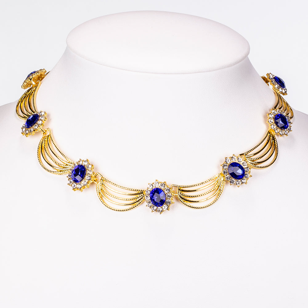 Set din Aliaj Placat cu Aur ( 60 grame ) cu Cristal Albastru Emporia® și Cristal Alb Emporia® ( Colier+Cercei ) 6 