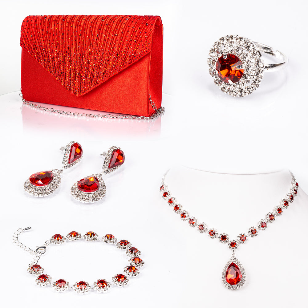 Geantă din Aliaj Placat cu Aur ( 225 grame ) cu Cristal Roșu Emporia® și Cristal Alb Emporia® ( Colier+Cercei+Brățară+Inel ) 1 