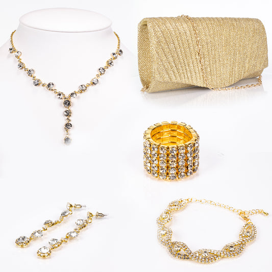 Geantă din Aliaj Placat cu Aur ( 198 grame ) cu Cristal Alb Emporia® ( Colier+Cercei+Brățară+Inel )