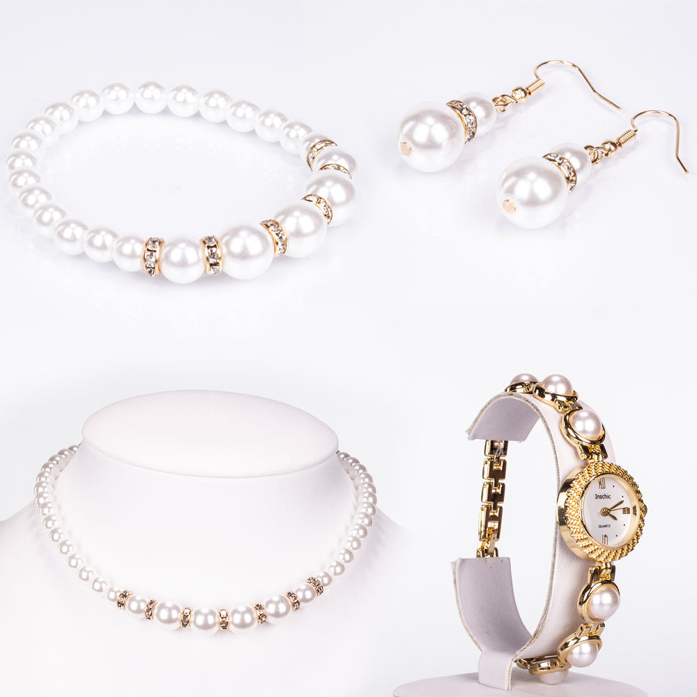 Ceas din Aliaj Placat cu Aur ( 39 grame ) cu Perlă de cristal și Cristal Alb Emporia® ( Colier+Cercei+Brățară ) 1 