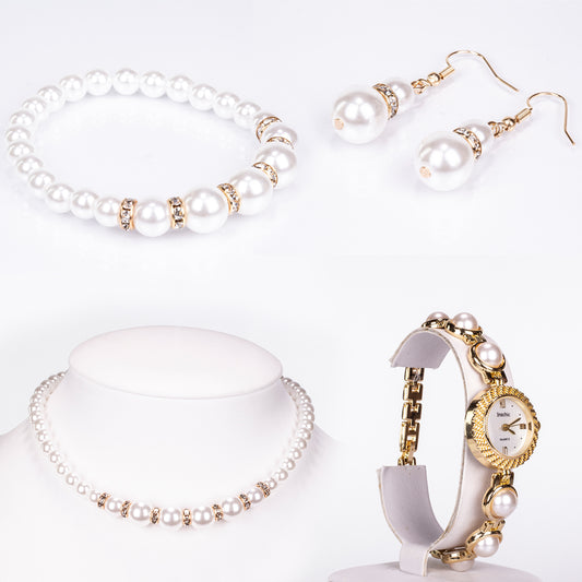 Ceas din Aliaj Placat cu Aur ( 39 grame ) cu Perlă de cristal și Cristal Alb Emporia® ( Colier+Cercei+Brățară )