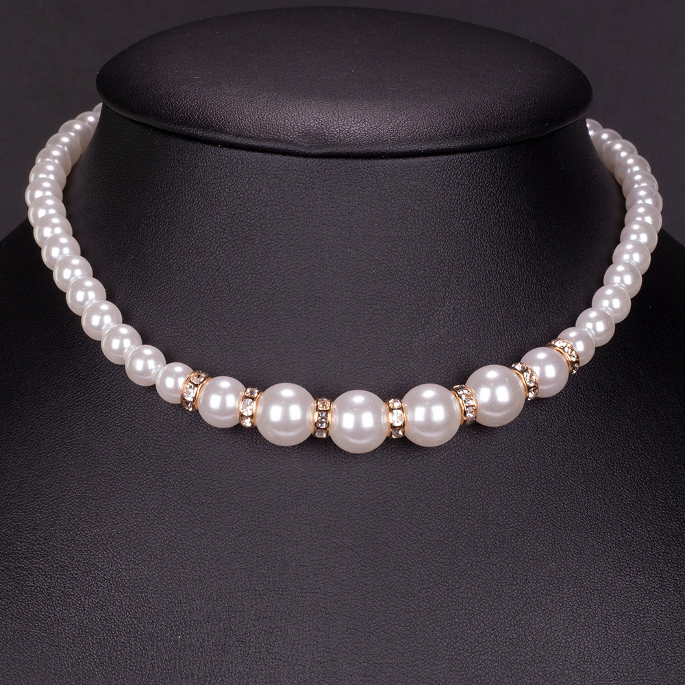 Ceas din Aliaj Placat cu Aur ( 39 grame ) cu Perlă de cristal și Cristal Alb Emporia® ( Colier+Cercei+Brățară ) 9 