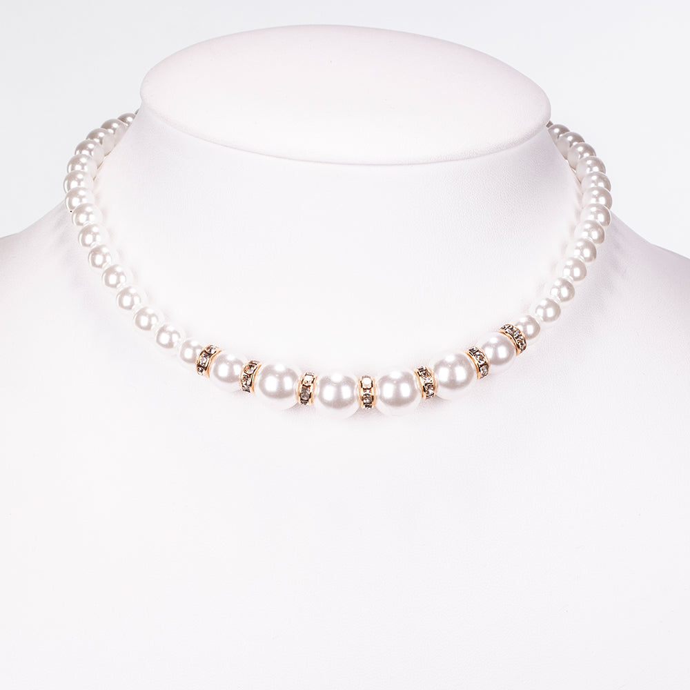 Ceas din Aliaj Placat cu Aur ( 39 grame ) cu Perlă de cristal și Cristal Alb Emporia® ( Colier+Cercei+Brățară ) 10 