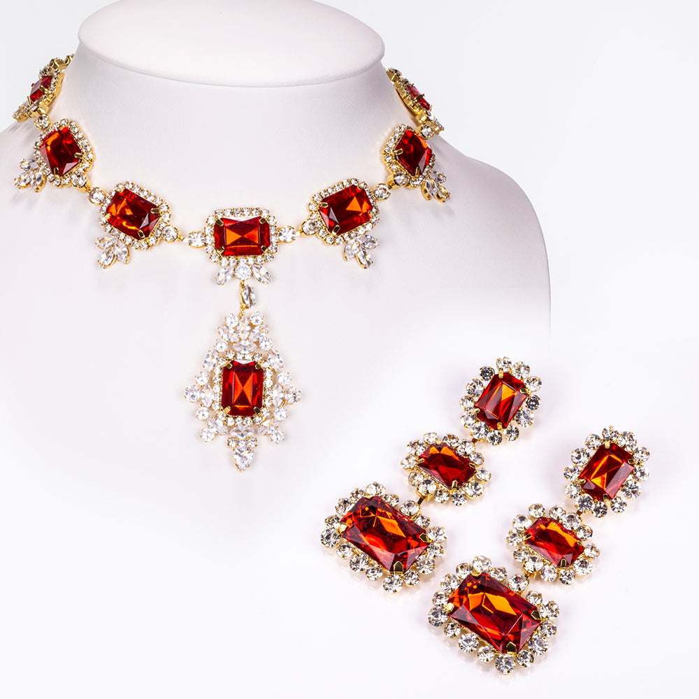 Set din Aliaj Placat cu Aur ( 28 grame ) cu Cristal Roșu Emporia® și Cristal Alb Emporia® ( Colier+Cercei ) 1 