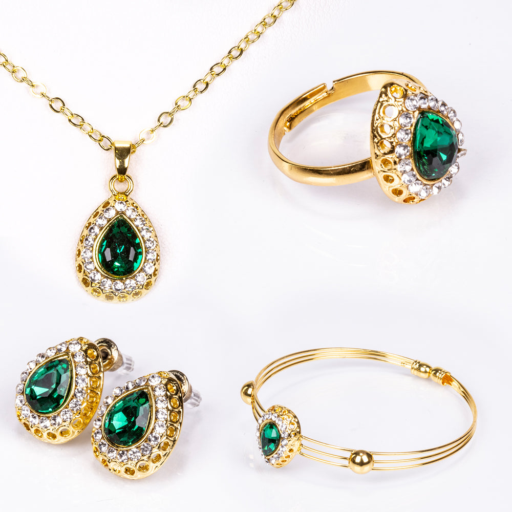 Set din Aliaj Placat cu Aur ( 13 grame ) cu Cristal Verde Emporia® și Cristal Alb Emporia® ( Colier+Cercei+Brățară+Inel+Pandantiv ) 1 