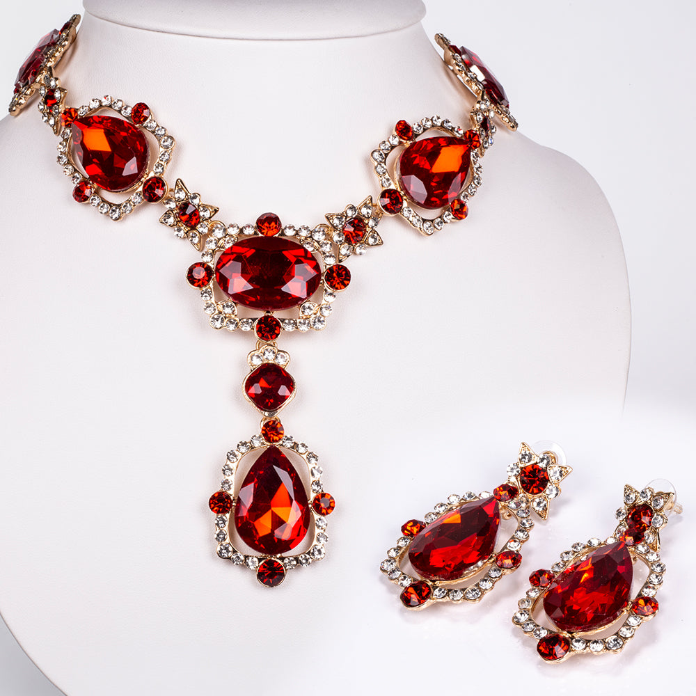 Set din Aliaj Placat cu Aur ( 147.2 grame ) cu Cristal Roșu Emporia® și Cristal Alb Emporia® ( Colier+Cercei ) 1 