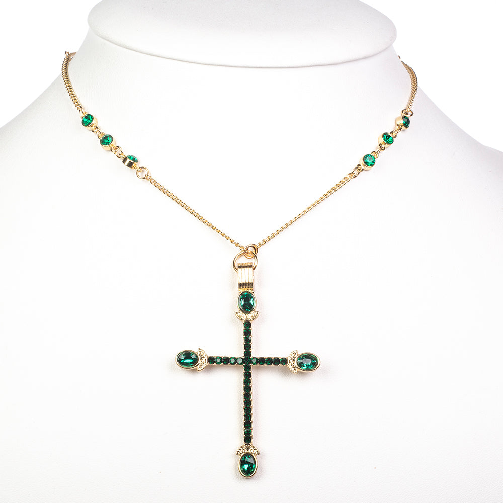 Cruce Colier din Aliaj Placat cu Aur ( 10 grame ) cu Cristal Verde Emporia® 6.8 Carate ( Colier+Pandantiv ) 1 