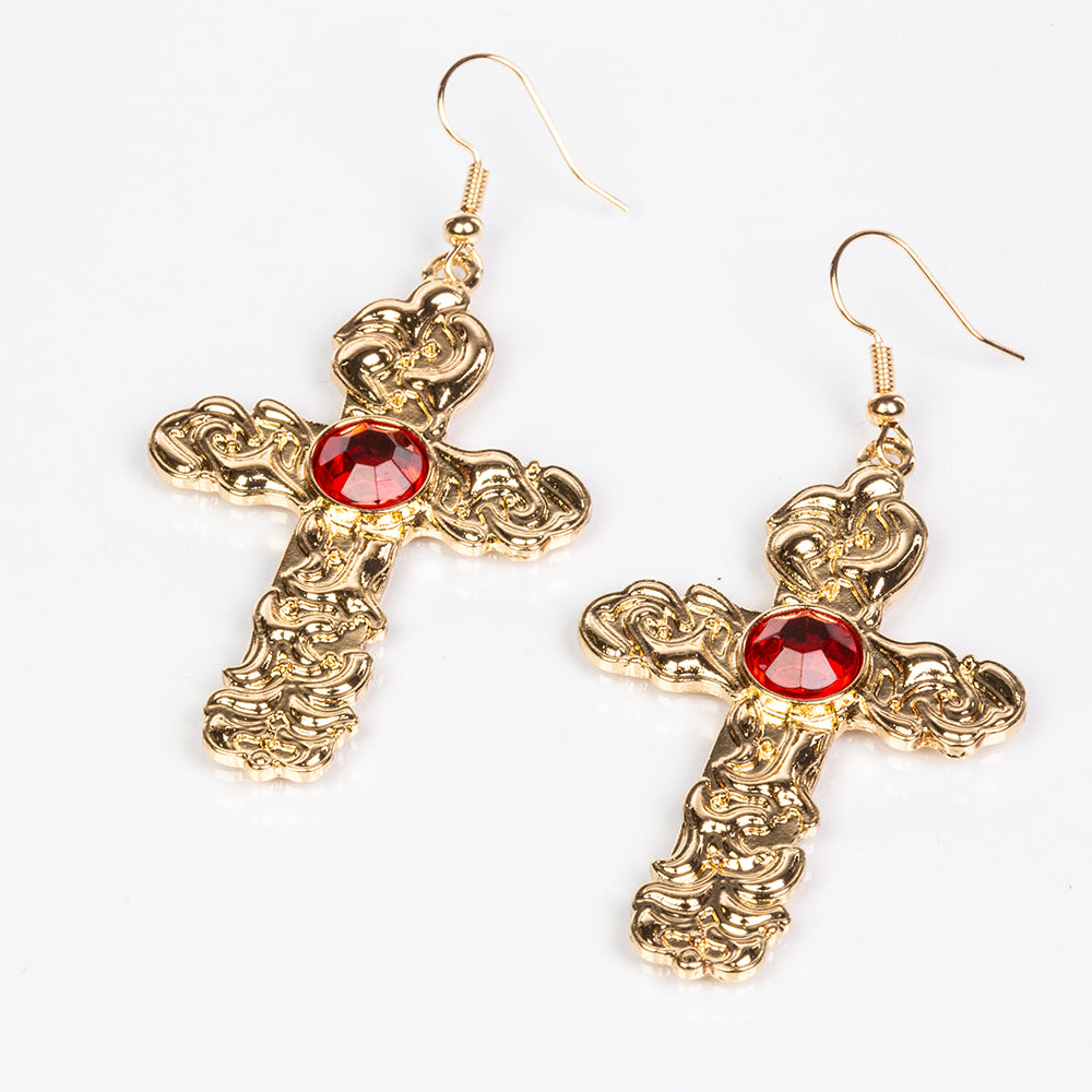 Cruce Set din Aliaj Placat cu Aur ( 5 grame ) cu Cristal Roșu Emporia® și Cristal Alb Emporia® 122.5 Carate ( Colier+Cercei+Pandantiv ) 3 