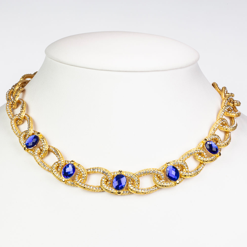 Colier din Aliaj Placat cu Aur ( 42 grame ) cu Cristal Albastru Emporia® și Cristal Alb Emporia®