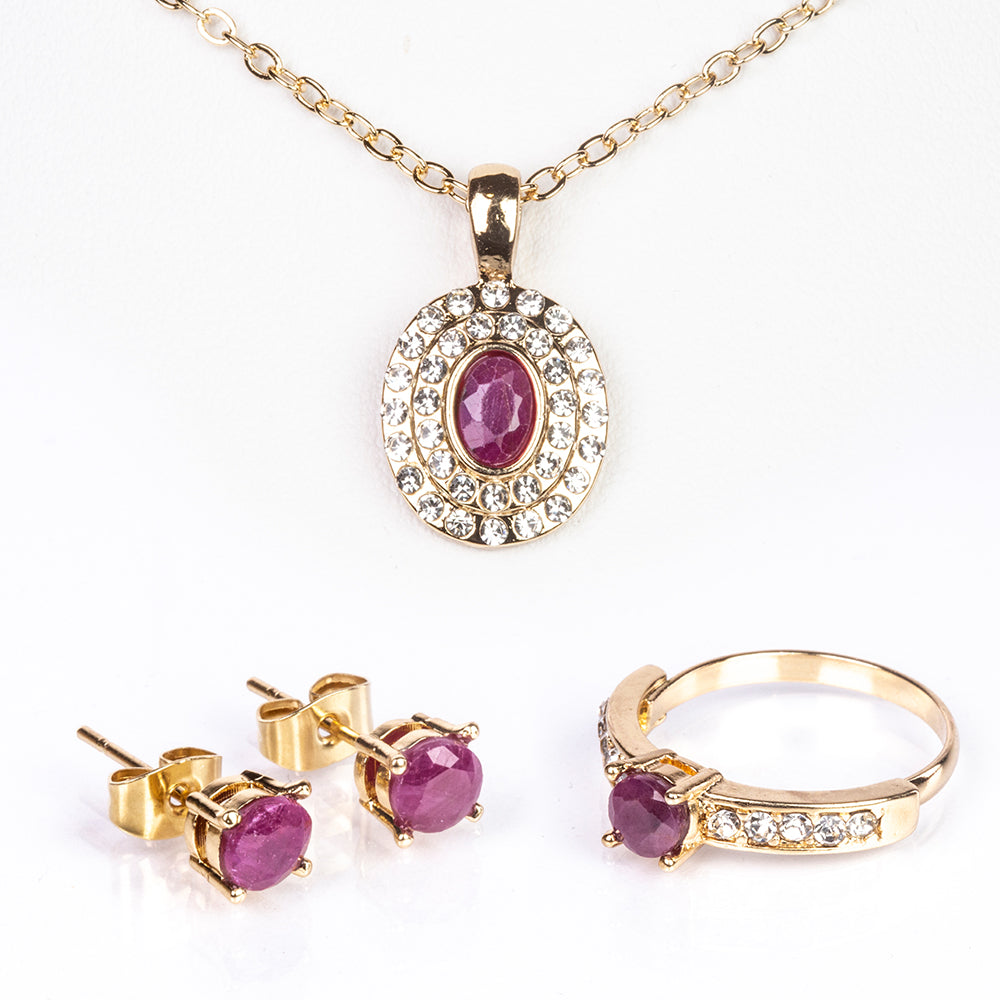 Set din Aliaj Placat cu Aur ( 11 grame ) cu Rubin și Cristal Alb Emporia® 3.04 Carate ( Colier+Cercei+Inel+Pandantiv )