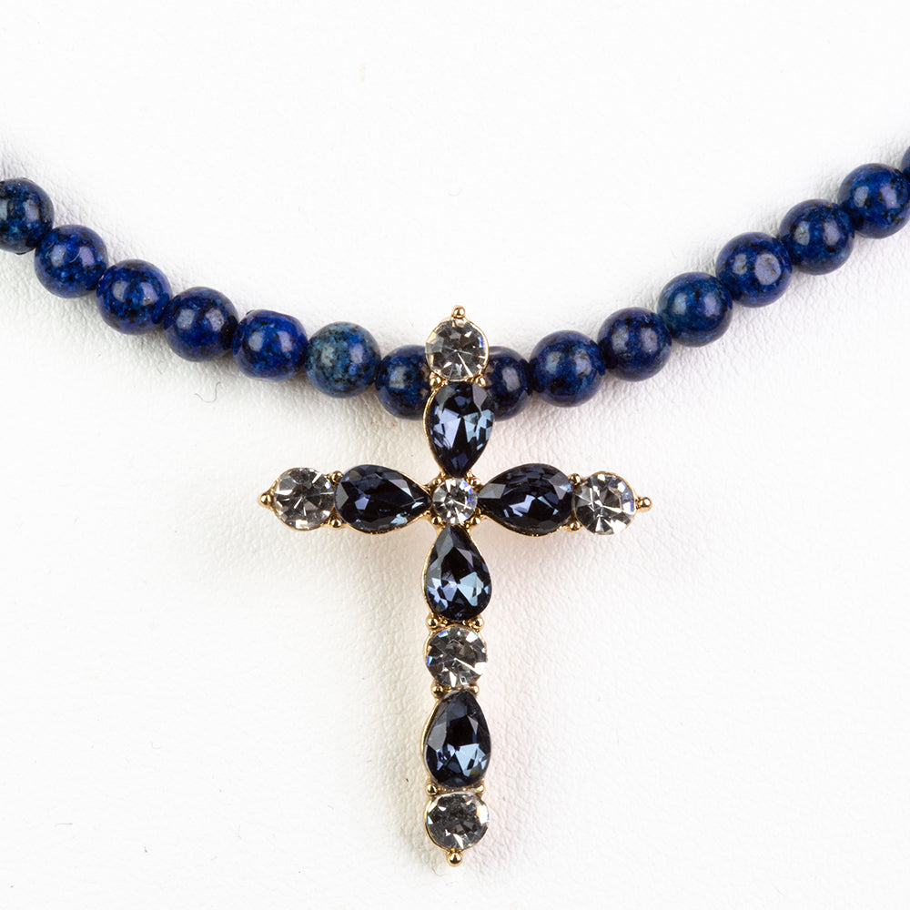 Cruce Colier din Aliaj Placat cu Aur ( 11.25 grame ) cu Lapis Lazuli și Cristal Albastru Emporia® 29.64 Carate ( Colier+Pandantiv )