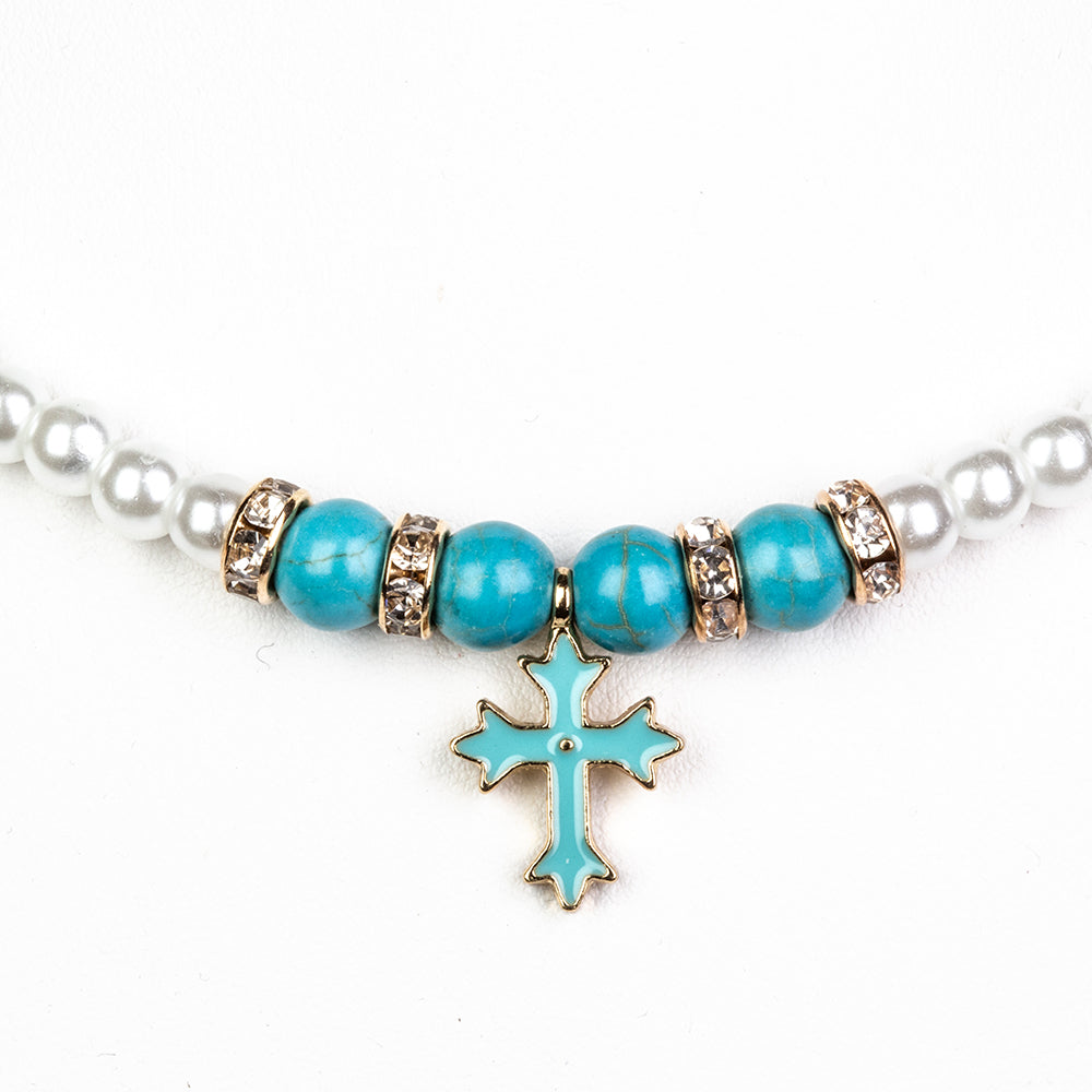 Cruce Colier din Mărgele ( 26.25 grame ) cu Turcoaz și Perlă de cristal 55.6 Carate ( Colier+Pandantiv ) 2 