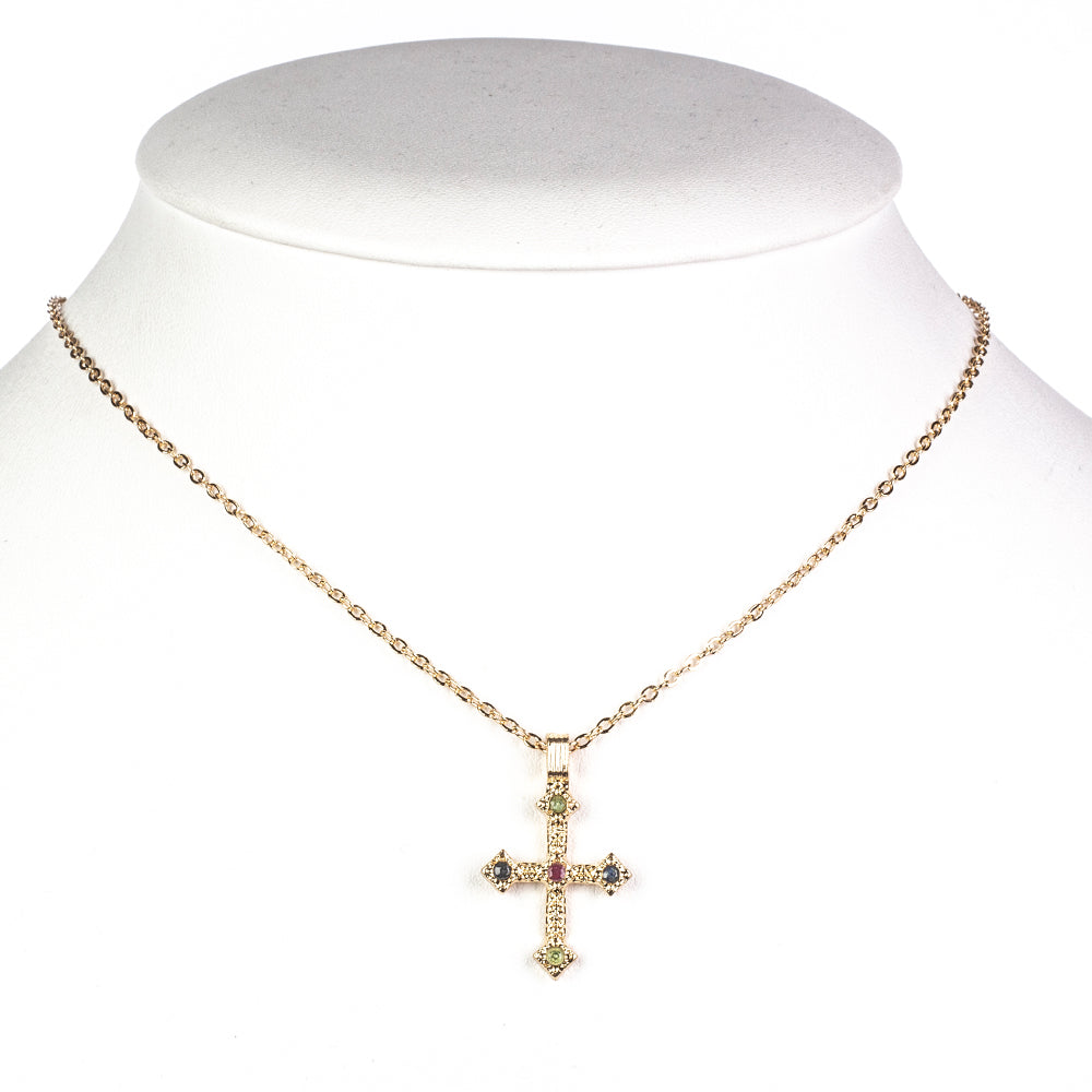 Cruce Colier din Aliaj Placat cu Aur ( 28.75 grame ) cu Rubin Birmanez și Smarald Brazilian 0.23 Carate ( Colier+Pandantiv ) 2 