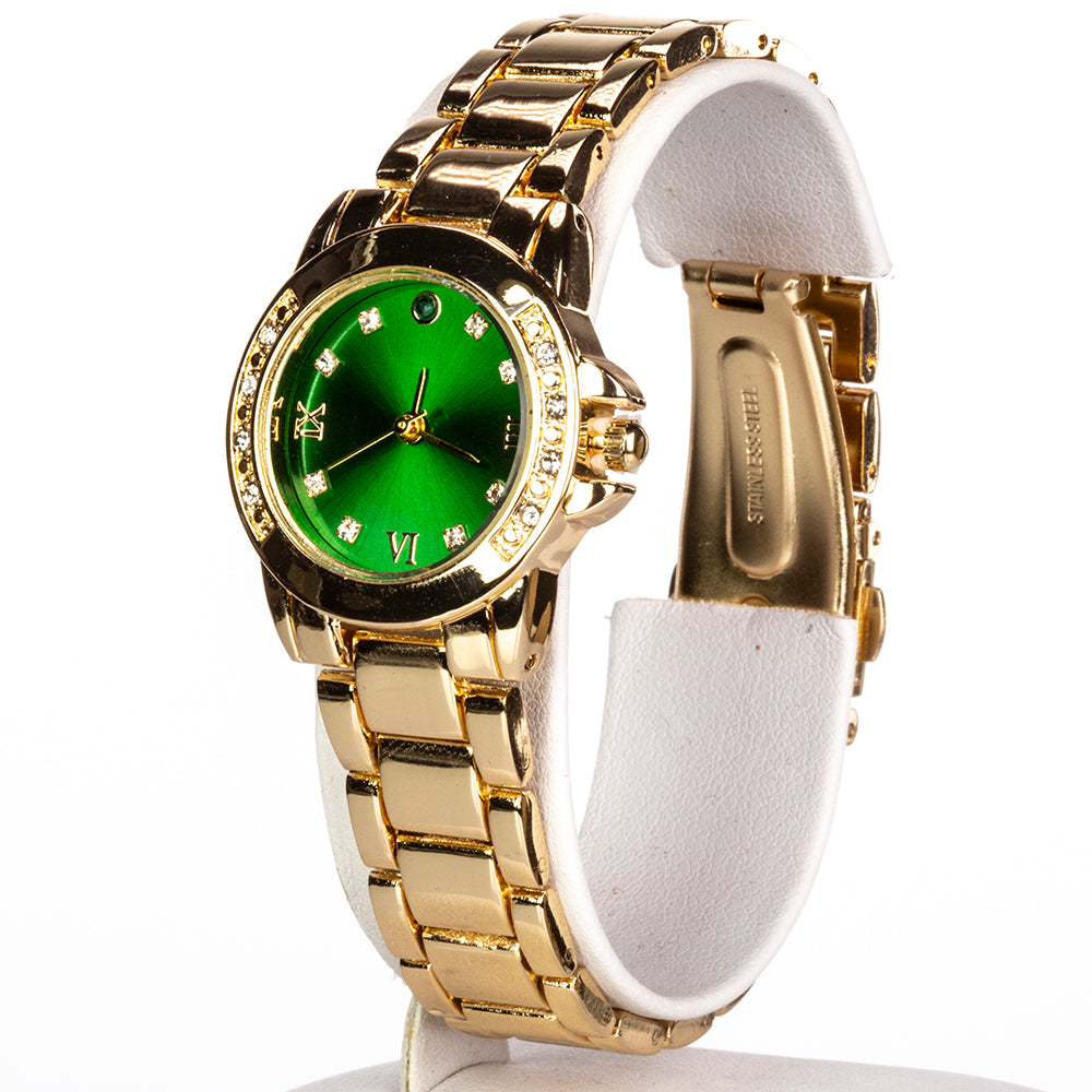 Ceas din Aliaj Placat cu Aur ( 67 grame ) cu Smarald și Cristal Alb Emporia® 2.96 Carate ( Colier+Cercei+Pandantiv )