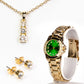 Ceas din Aliaj Placat cu Aur ( 67 grame ) cu Smarald și Cristal Alb Emporia® 2.96 Carate ( Colier+Cercei+Pandantiv )