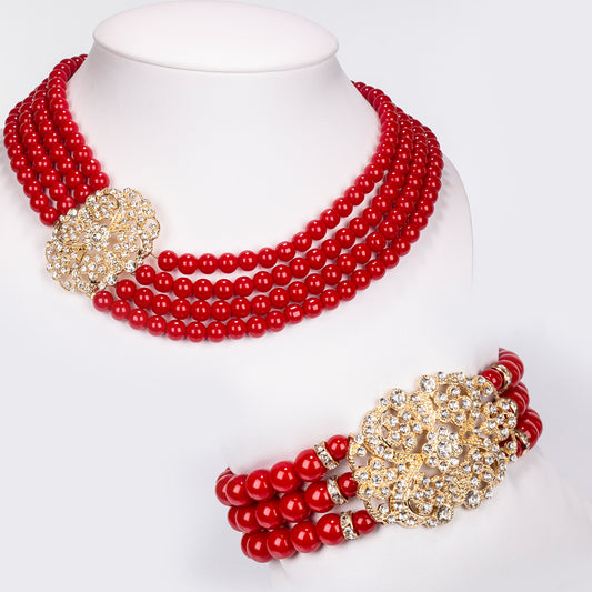 Set din Aliaj Placat cu Aur ( 210 grame ) cu Perlă de cristal și Cristal Alb Emporia® 977.3 Carate ( Colier+Brățară )