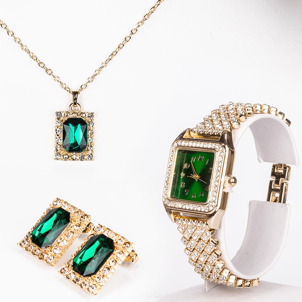 Ceas din Aliaj Placat cu Aur ( 57 grame ) cu Cristal Verde Emporia® și Cristal Alb Emporia® 12 Carate ( Colier+Cercei+Pandantiv )