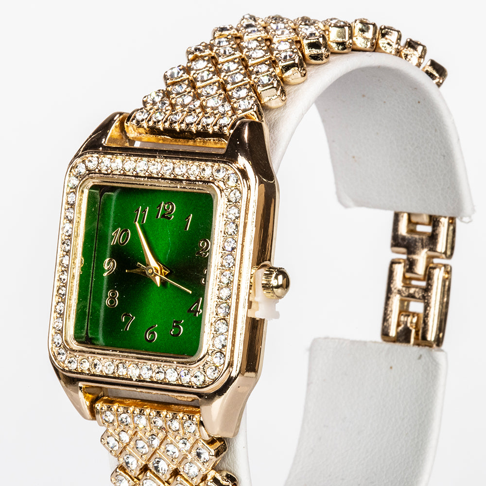 Ceas din Aliaj Placat cu Aur ( 57 grame ) cu Cristal Verde Emporia® și Cristal Alb Emporia® 12 Carate ( Colier+Cercei+Pandantiv )