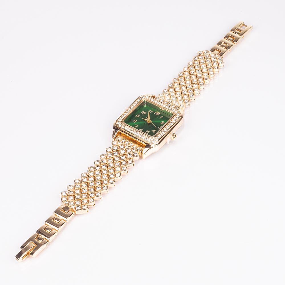 Ceas din Aliaj Placat cu Aur ( 57 grame ) cu Cristal Verde Emporia® și Cristal Alb Emporia® 12 Carate ( Colier+Cercei+Pandantiv ) 8 