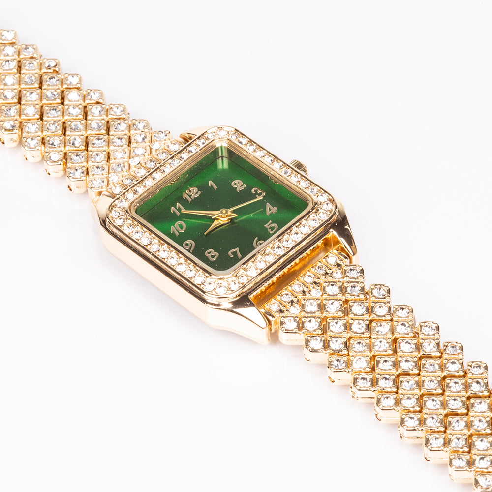 Ceas din Aliaj Placat cu Aur ( 57 grame ) cu Cristal Verde Emporia® și Cristal Alb Emporia® 12 Carate ( Colier+Cercei+Pandantiv )