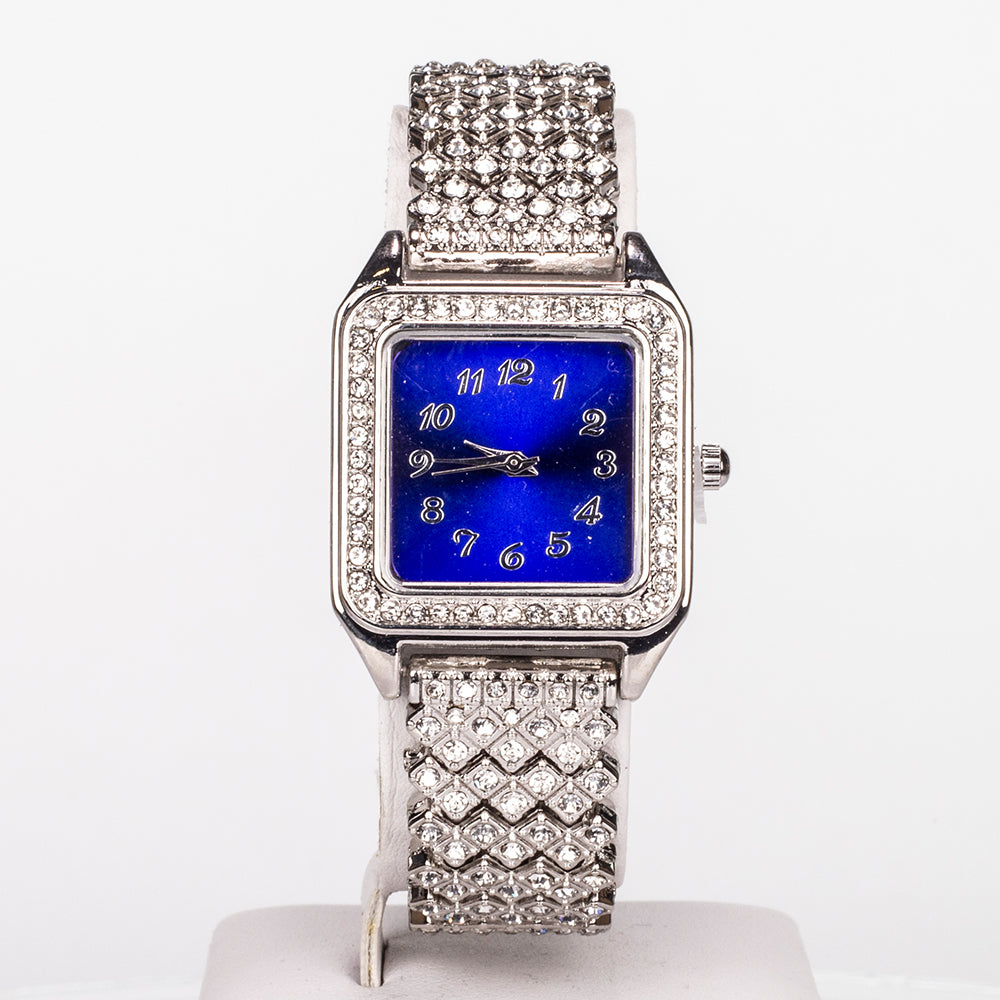 Ceas din Aliaj Placat cu Aur ( 57 grame ) cu Cristal Albastru Emporia® și Cristal Alb Emporia® 12 Carate ( Colier+Cercei+Pandantiv )